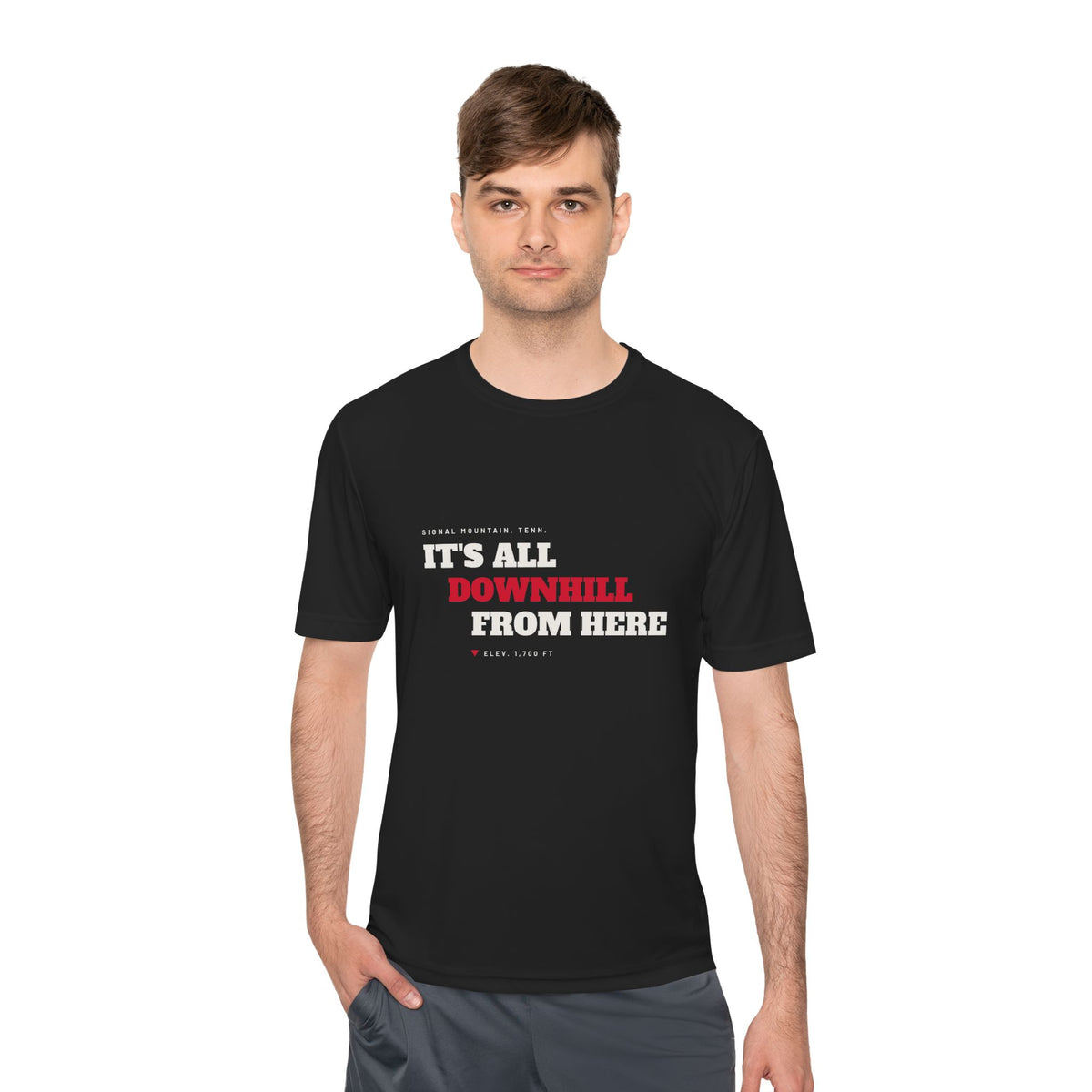 Men's It's All Downhill From Here Performance Tee — Signal Mountain, TN