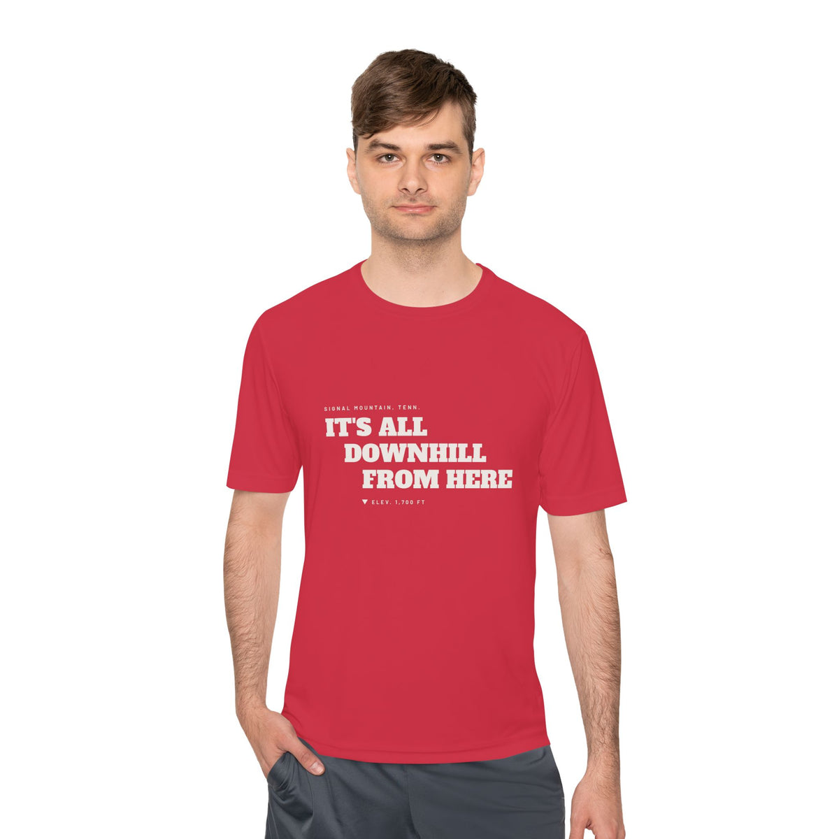 Men's It's All Downhill From Here Performance Tee — Signal Mountain, TN
